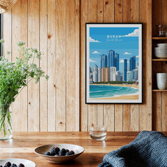 Busan South Korea travel poster framed art print on wood wall in cozy kitchen setting