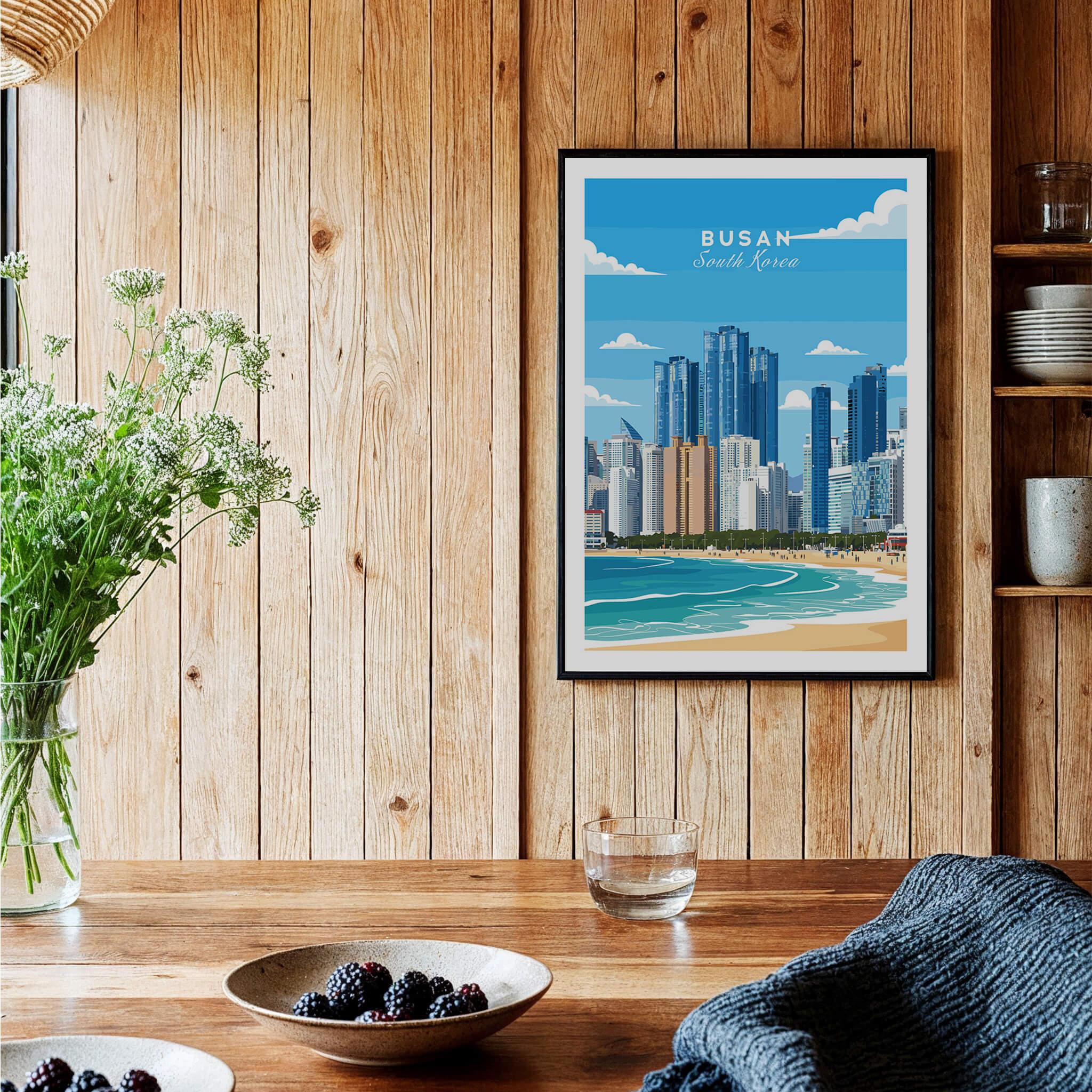 Busan South Korea travel poster framed art print on wood wall in cozy kitchen setting
