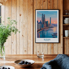 Busan South Korea skyline wall art print in black frame, styled in rustic kitchen decor