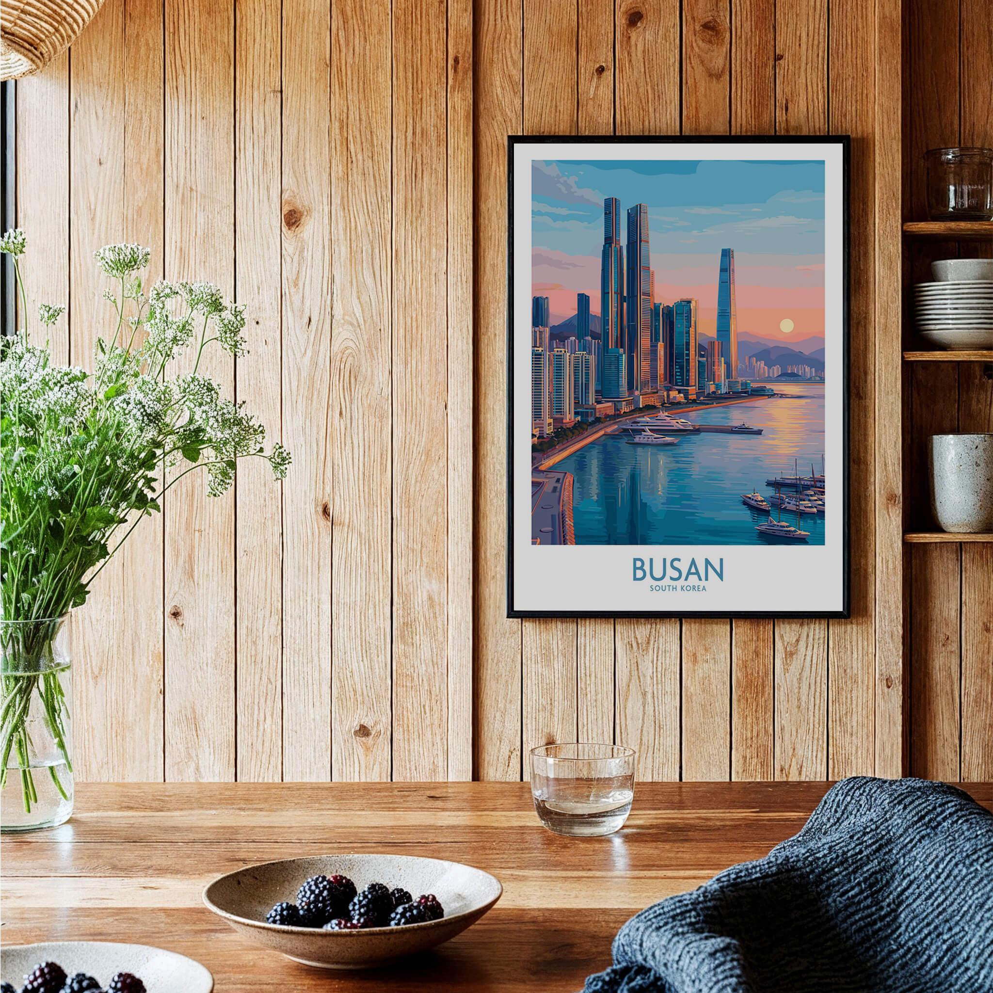 Busan South Korea skyline wall art print in black frame, styled in rustic kitchen decor