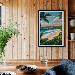 Byron Bay Australia Travel Poster displayed in a cozy room with wooden decor and natural elements.