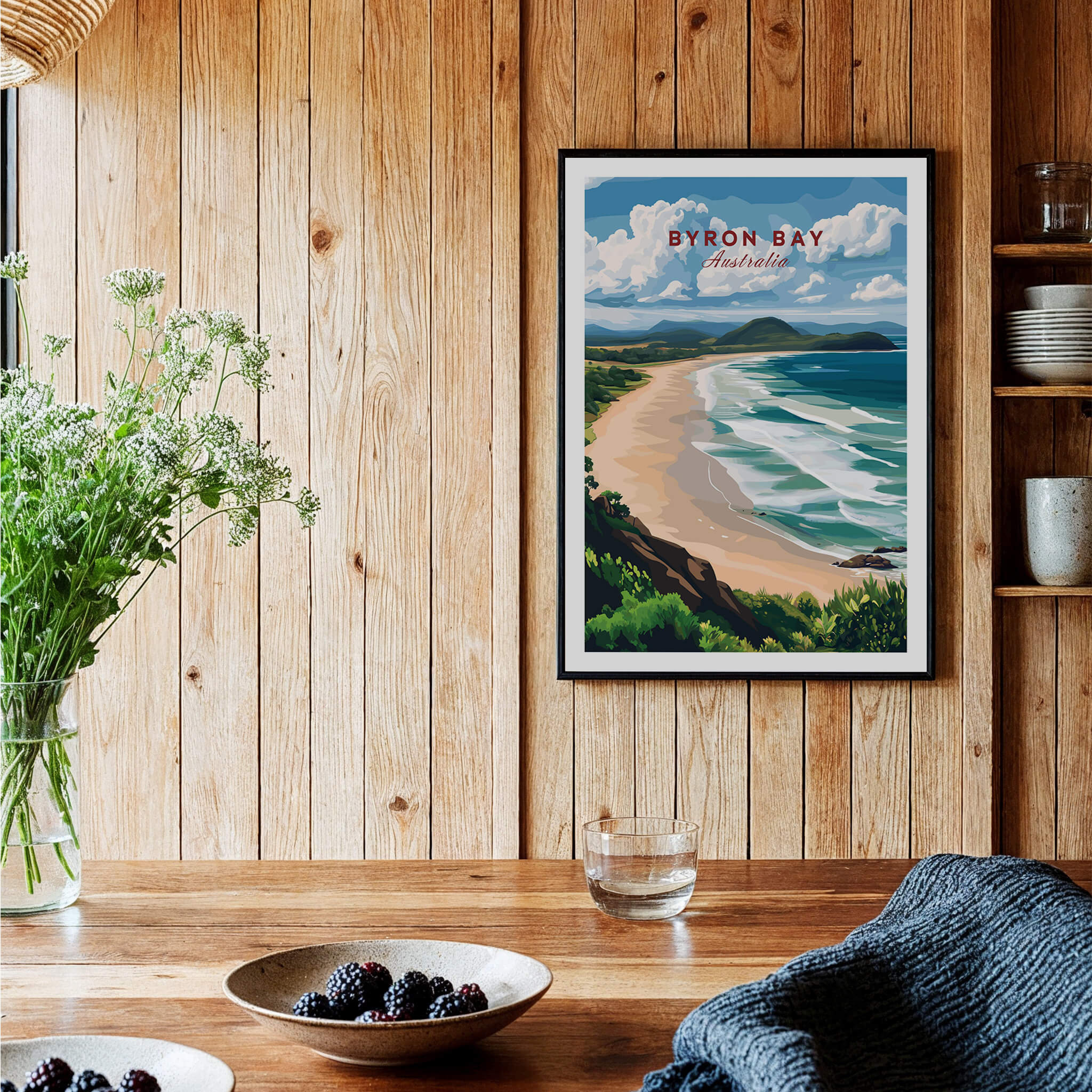 Byron Bay Beach Print - Australia Wall Art in a cozy interior setting, featuring golden sands and azure waters.