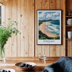 Byron Bay Wall Art Print Australia featuring a coastal landscape with sweeping beaches and lush scenery.