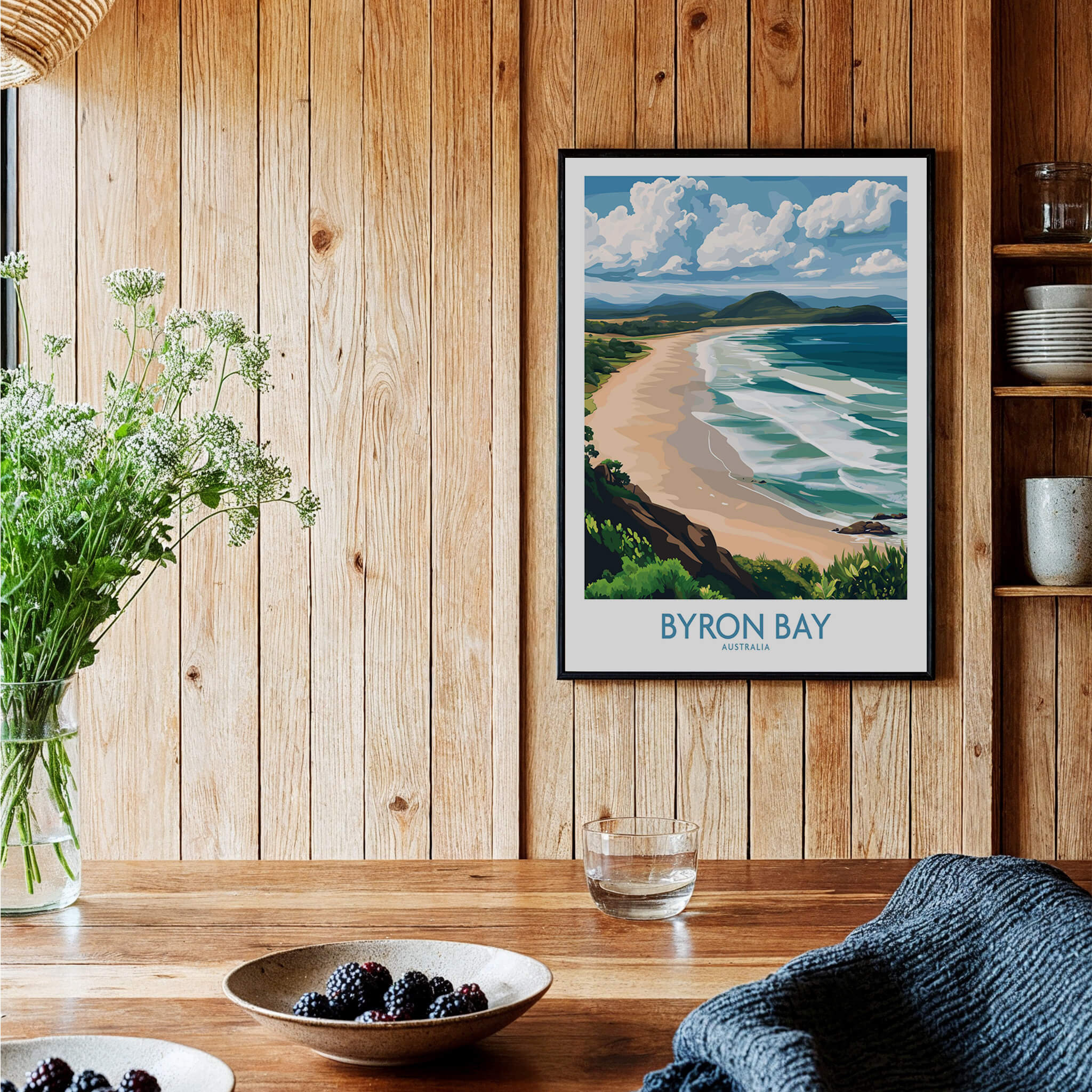 Byron Bay Wall Art Print Australia featuring a coastal landscape with sweeping beaches and lush scenery.