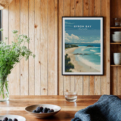 Byron Bay Poster - Canvas Beach Print displayed in a cozy interior setting, featuring a picturesque beach view.