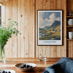 Cadair Idris Wales art print with mountain landscape in black frame on wood kitchen wall