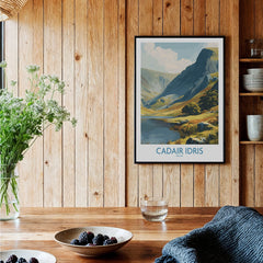 Framed Cadair Idris Wales travel poster art print displayed in a rustic kitchen setting