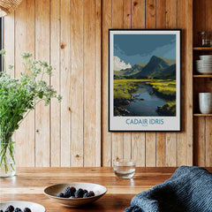 Framed Cadair Idris travel poster art print in modern wooden kitchen setting