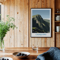 Framed Cadair Idris Wales mountain art print on wooden kitchen wall, rustic decor