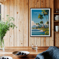 Captiva Island Travel Poster – Florida Beach Houses and Palm Trees Art displayed in a rustic wooden interior setting.