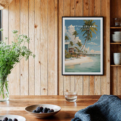 Captiva Island Florida Print – Coastal Palm Tree Art displayed in a charming wooden interior with inviting decor.