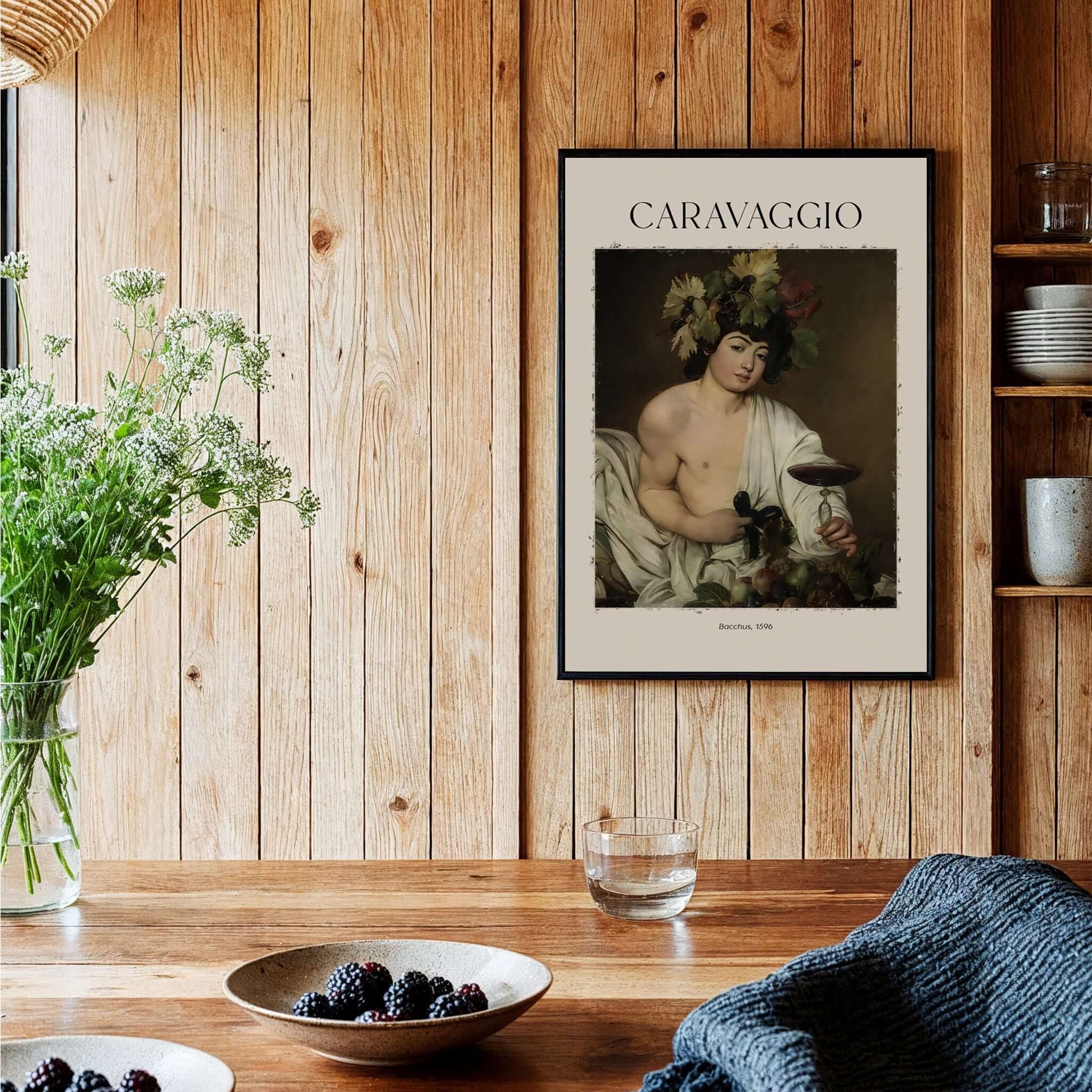 Caravaggio Bacchus Art Print - Roman God of Wine Baroque Wall Decor 1596 hanging on a wooden wall with decor items.