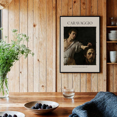 Caravaggio Art Print - David with the Head of Goliath Poster 1607 displayed in a rustic interior setting.