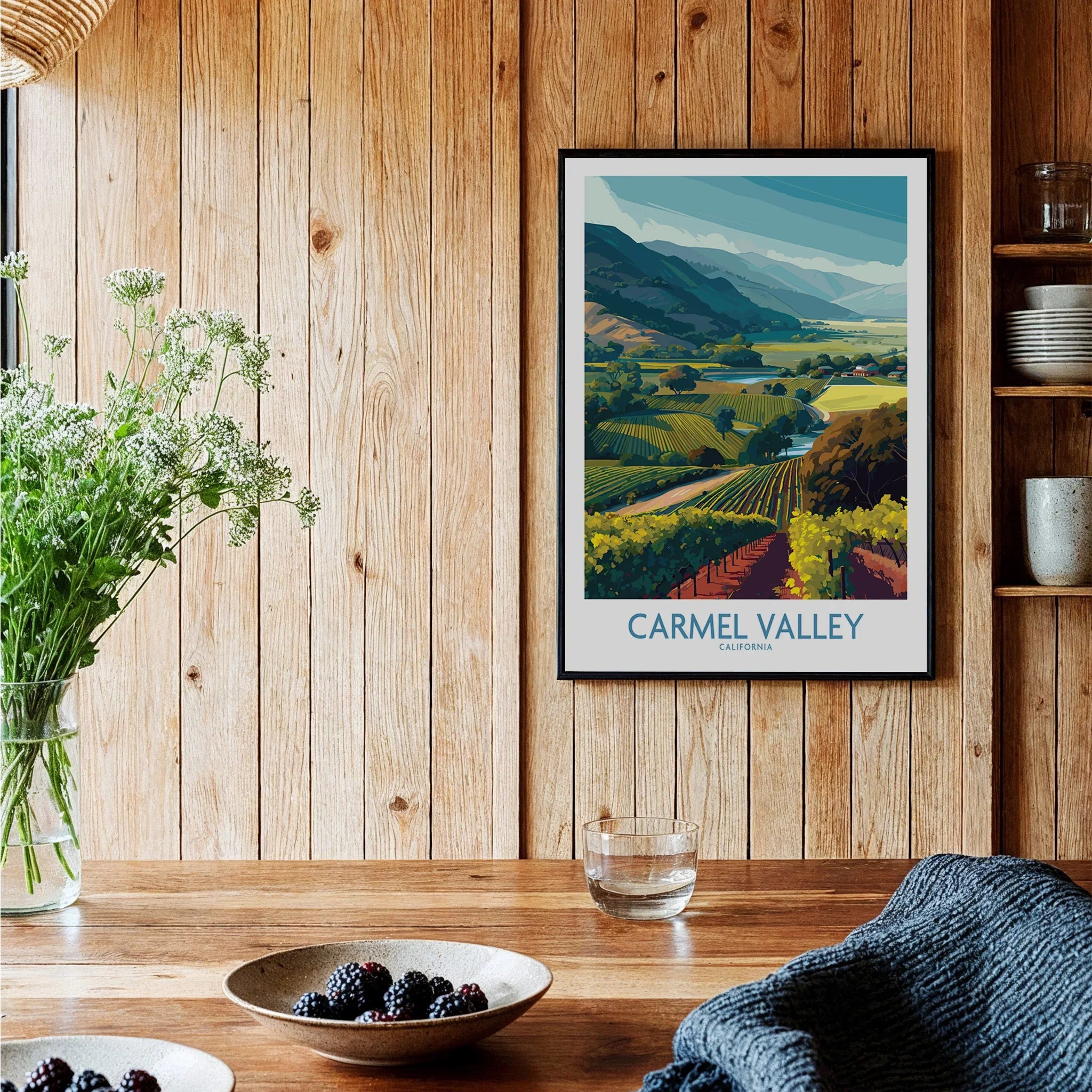 Carmel Valley California travel poster in black frame on wood wall, rustic kitchen decor
