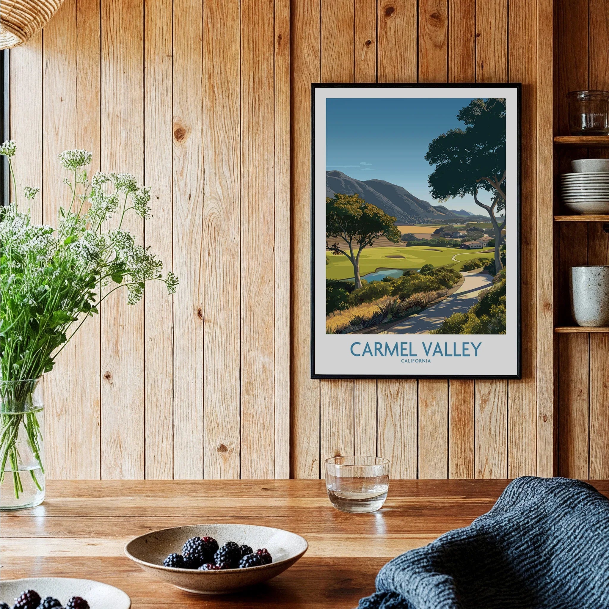 Carmel Valley California travel art print in black frame on rustic kitchen wood wall