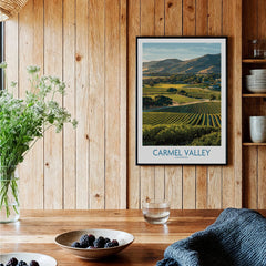 Carmel Valley California travel poster in black frame on wood kitchen wall, rustic decor