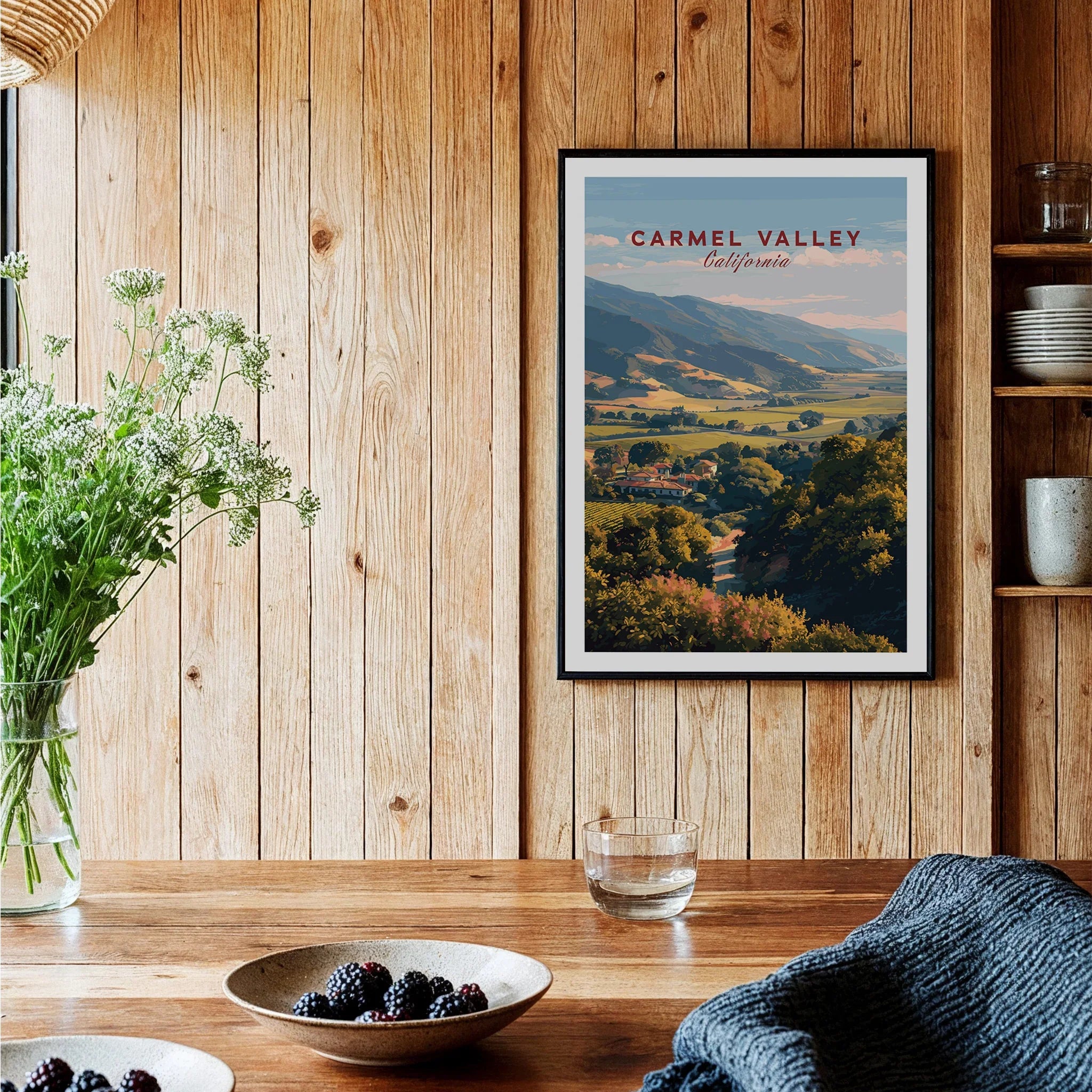 Carmel Valley California travel art print in black frame on rustic kitchen wood wall