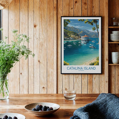 Catalina Island travel poster art print with sailboats, framed on rustic wood kitchen wall