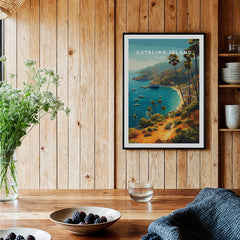 Catalina Island art print with coastal scene in a black frame, displayed in kitchen decor