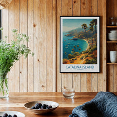 Catalina Island art print with coastal landscape in rustic kitchen setting