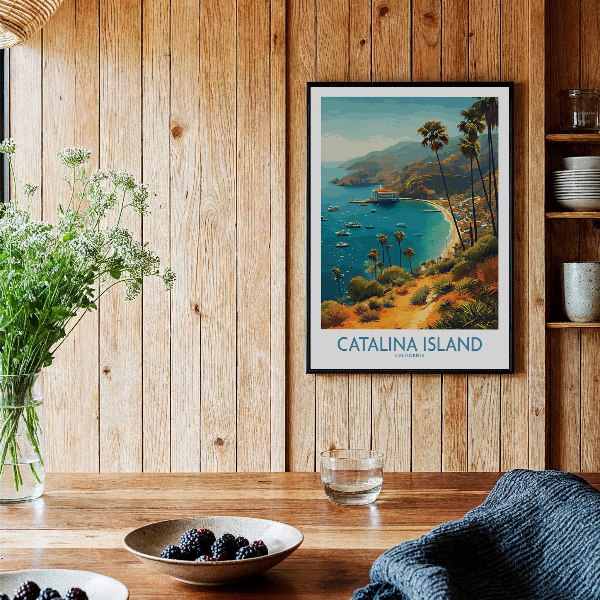 Catalina Island art print with coastal landscape in rustic kitchen setting
