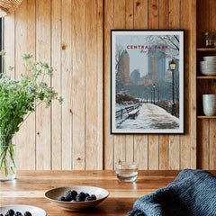 Central Park New York art print with snowy path and city skyline in rustic kitchen setting