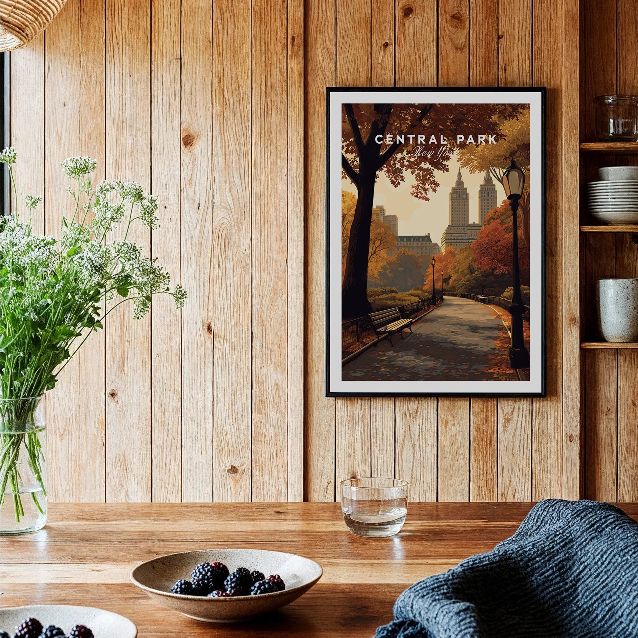 Central Park art print with fall colors in a modern rustic kitchen setting