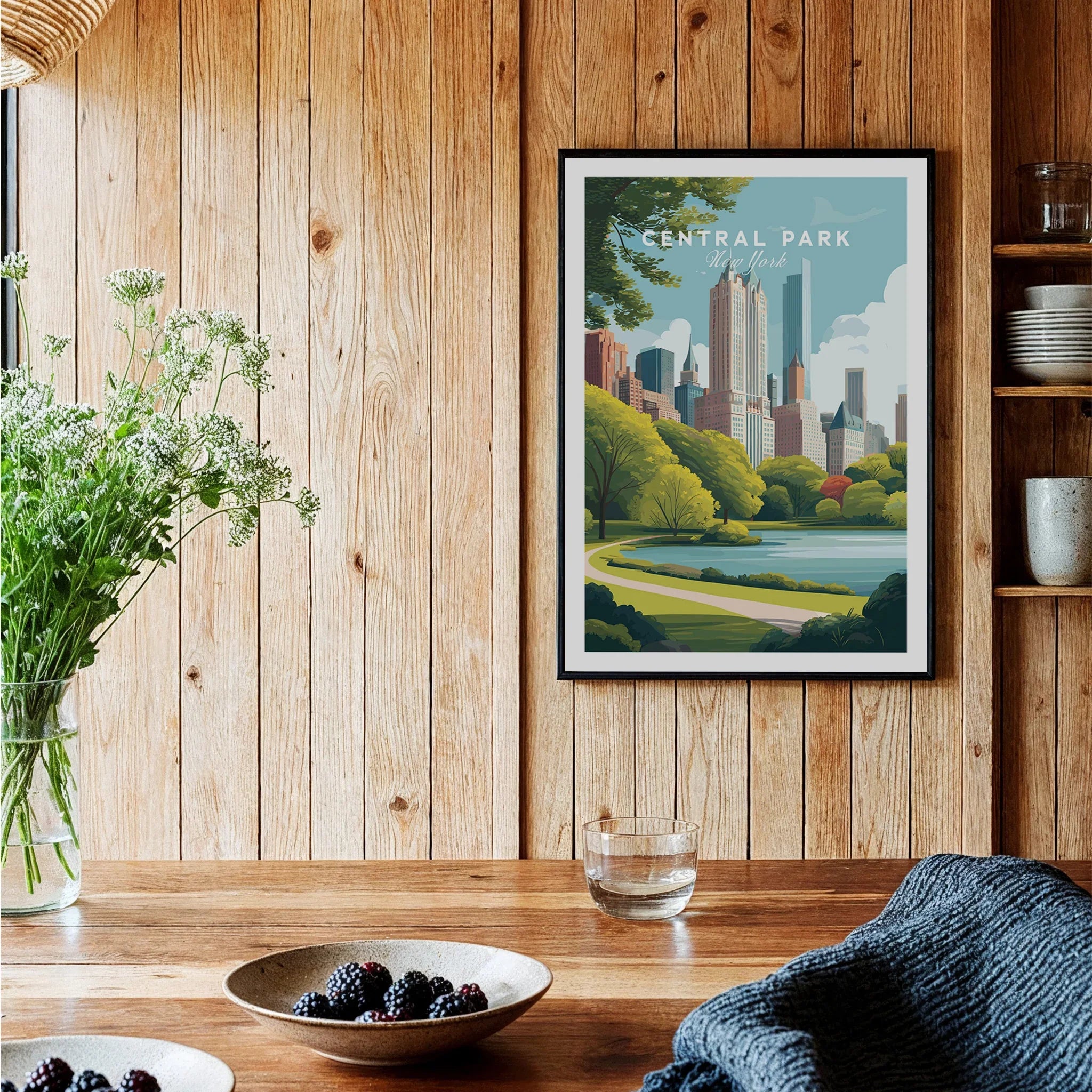 Central Park New York skyline art print in black frame, displayed in cozy kitchen setting