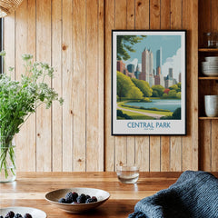 Central Park art print with city skyline in black frame, styled in a rustic kitchen setting