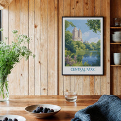 Framed Central Park art print on wood wall in cozy kitchen with flowers and bowls of berries