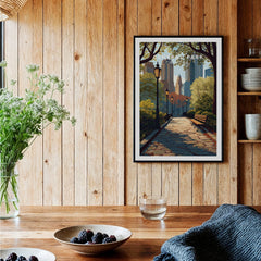 Central Park art print with city skyline in a modern wooden kitchen setting