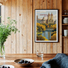 Central Park art print with city skyline in black frame, displayed in rustic kitchen setting