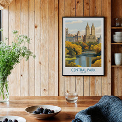 Central Park New York art print in black frame hanging in rustic kitchen setting