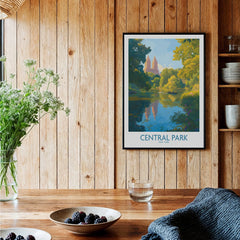 Framed Central Park art print in cozy wood kitchen with breakfast setup