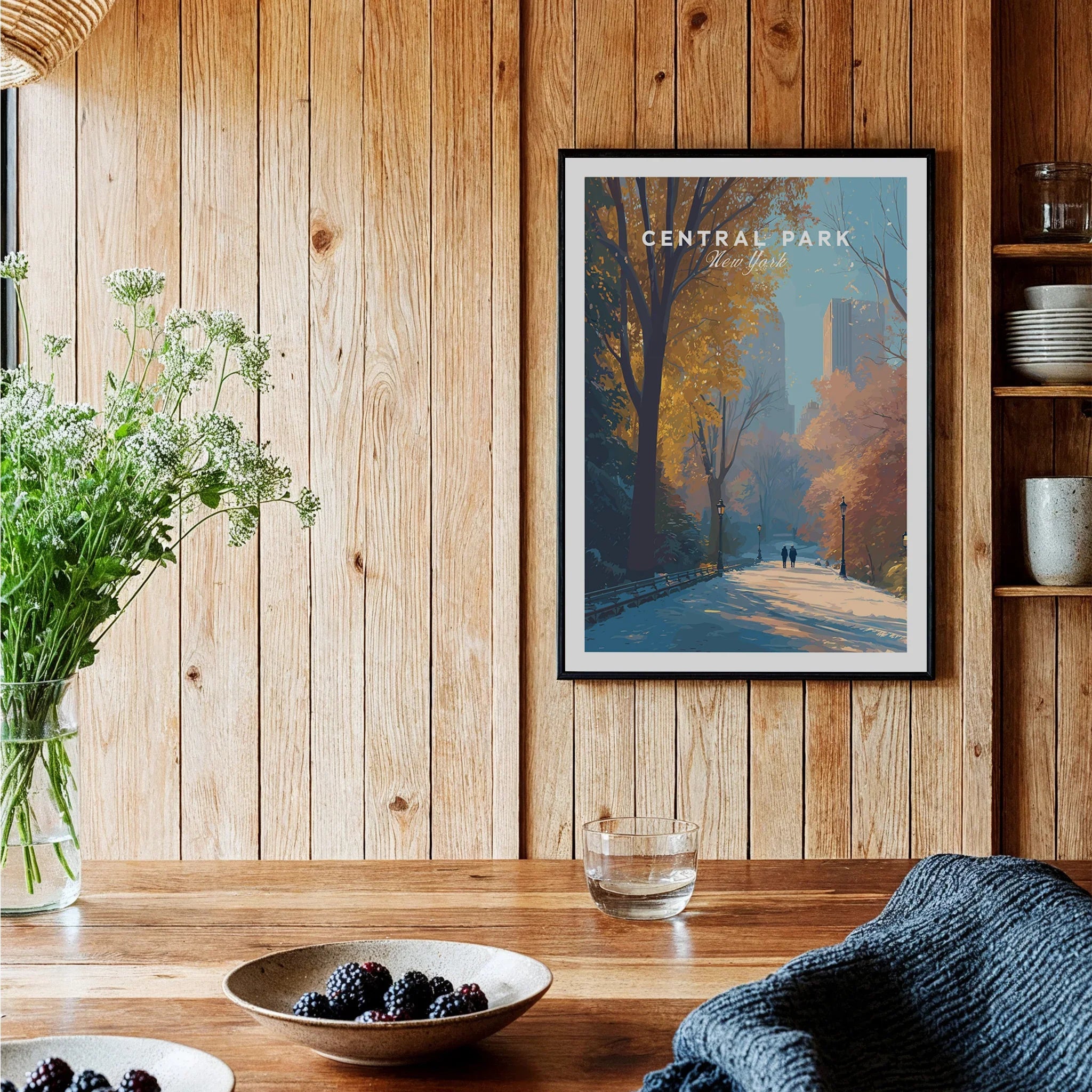 Framed Central Park New York art print on wood panel kitchen wall, autumn colors, cozy decor