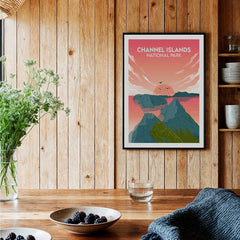 Channel Islands National Park art print in black frame on wood wall in cozy kitchen setting