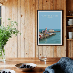 Clacton-on-Sea Travel Poster – Historic Pier Art Print showcasing the iconic pier and seaside charm in a vintage style.