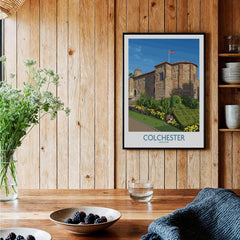 Colchester England travel poster art print in black frame on wood kitchen wall, rustic decor
