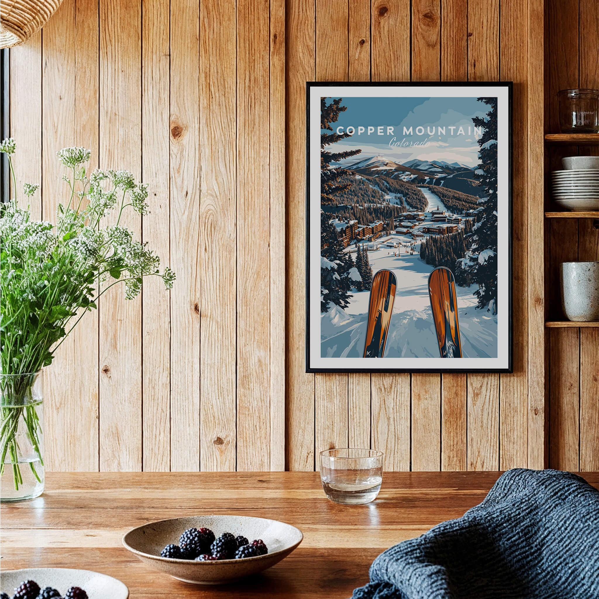Copper Mountain Ski Print showcasing alpine scenery and ski equipment on a rustic wooden wall.