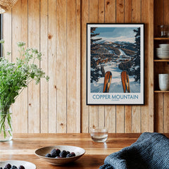Copper Mountain Colorado Wall Art – Winter Ski Resort Print displayed in a rustic wooden setting with skis and nature elements.