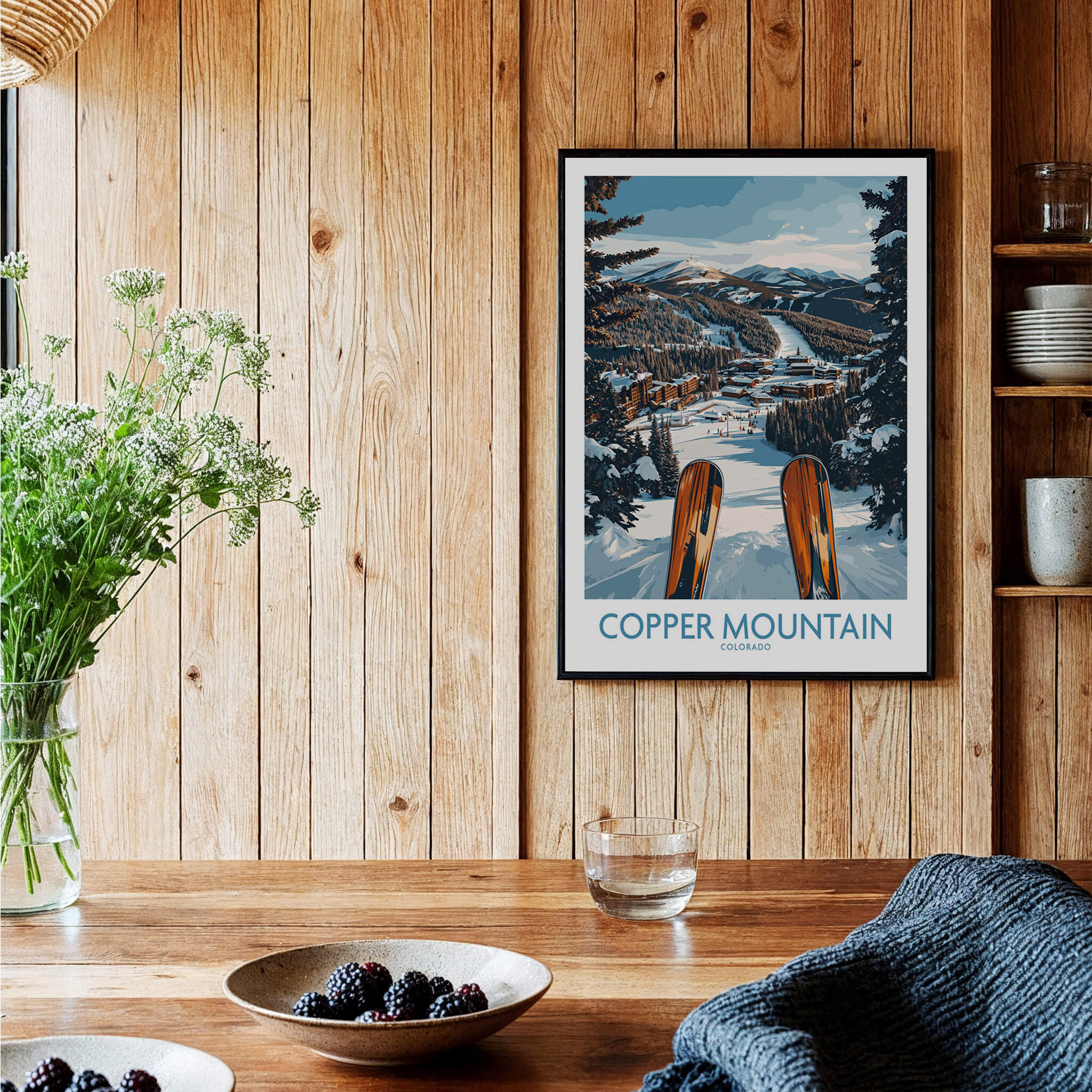 Copper Mountain Colorado Wall Art – Winter Ski Resort Print displayed in a rustic wooden setting with skis and nature elements.