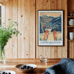 Copper Mountain Colorado Wall Art – Winter Mountain Ski Resort Wall Decor showcased in a cozy wooden setting with skiing elements.