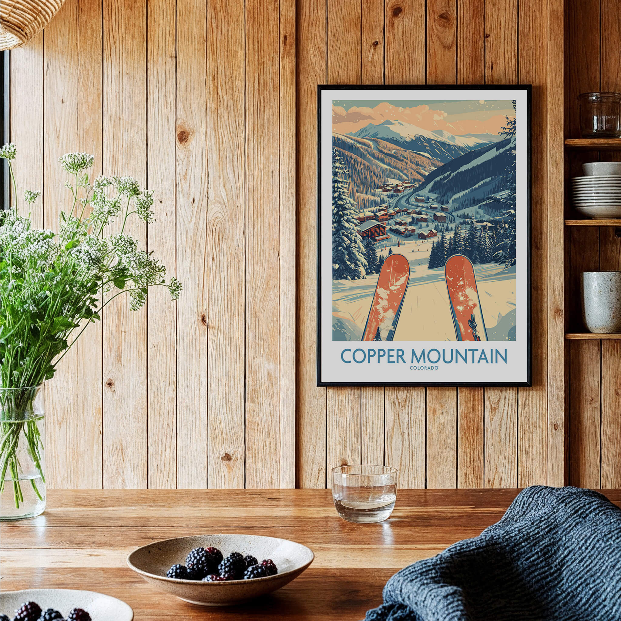 Copper Mountain Colorado Wall Art – Winter Mountain Ski Resort Wall Decor showcased in a cozy wooden setting with skiing elements.