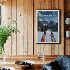 Ski Print Copper Mountain Colorado framed artwork showcasing a stunning snowy mountain view and skis.