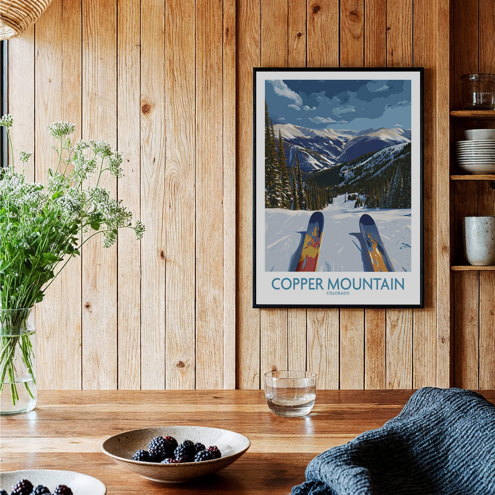 Copper Mountain Colorado Wall Art – Snowy Peak Winter Sports Print displayed in a cozy, rustic setting with wooden accents.