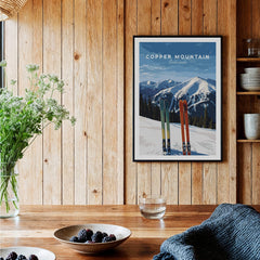 Copper Mountain Travel Poster – Colorado Mountain Summit & Ski Art Print displayed in a charming wooden setting.