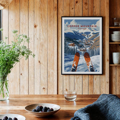 Copper Mountain Ski Poster – Winter Ski Village & Snowy Mountain Art featuring a ski scene in a cozy mountain setting.