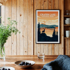 Crater Lake National Park travel poster art print in black frame on wooden kitchen wall
