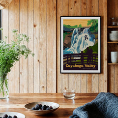 Framed Cuyahoga Valley National Park art print on wooden kitchen wall, rustic home decor.