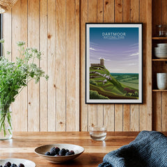 Dartmoor National Park art print in black frame on rustic kitchen wall with wood paneling